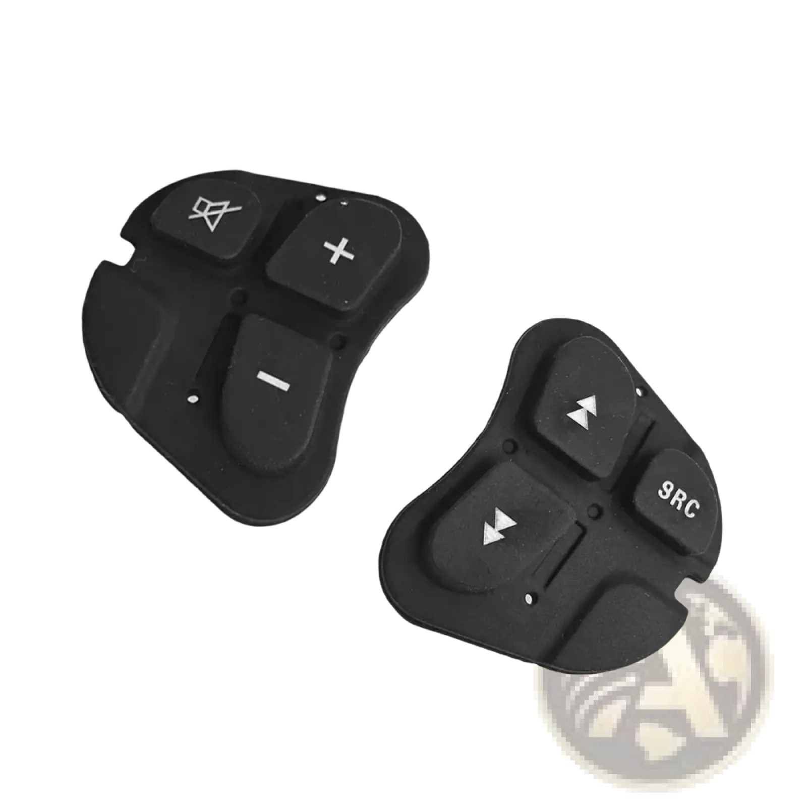 Black plastic Alfa 147 steering wheel audio control button panels with white symbols and markings on the front side