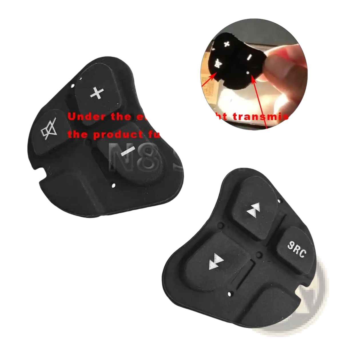 Black plastic Alfa 147 steering wheel audio control buttons with white directional and function symbols
