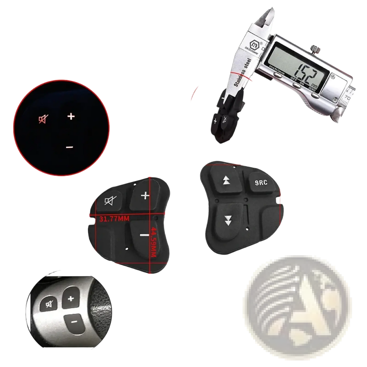 Black plastic Alfa 147 steering wheel audio control module with tactile buttons for volume and track navigation
