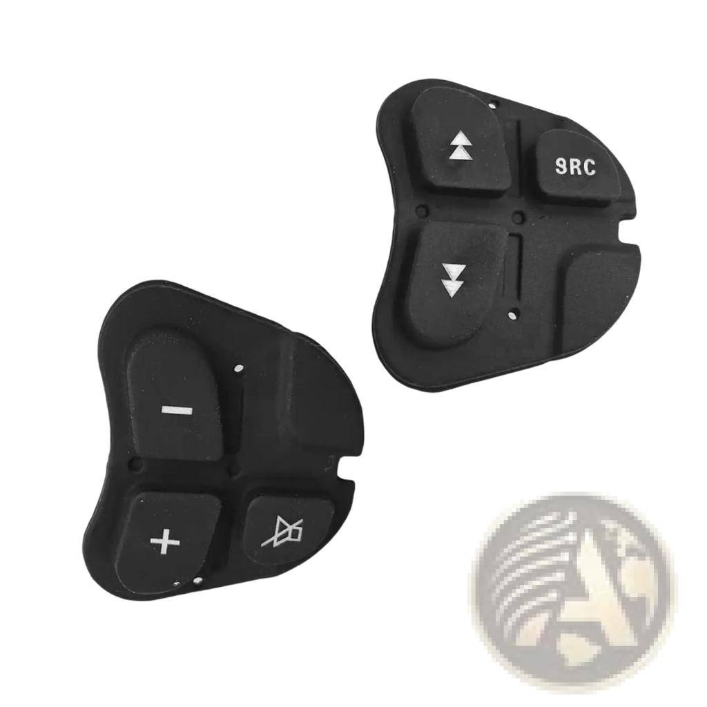 Black plastic alfa 147 steering wheel audio control panel with directional arrows plus minus buttons and 9rc label