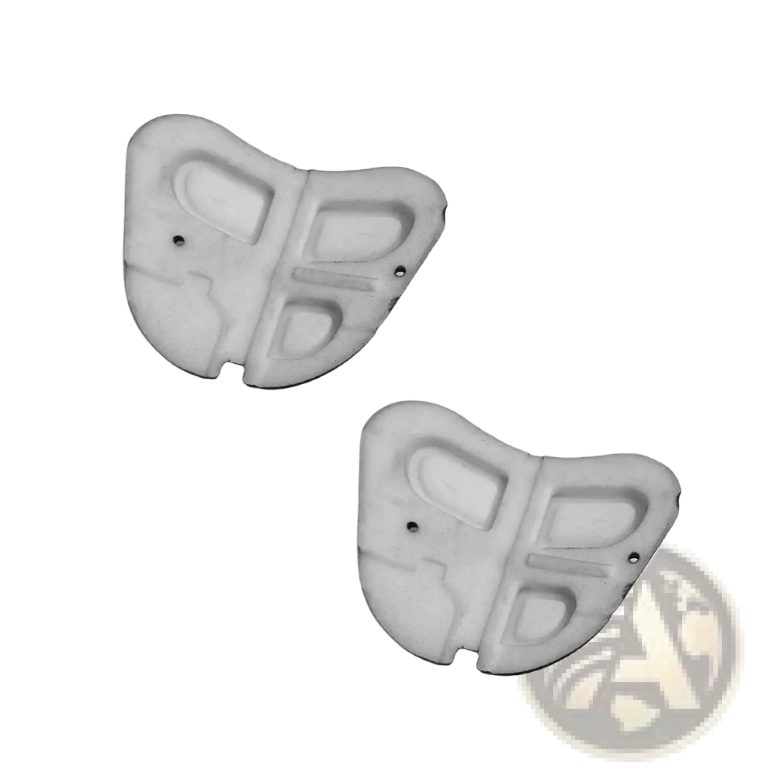 White plastic butterfly-shaped alfa 147 steering wheel audio control buttons with molded indentations and metal fasteners back view