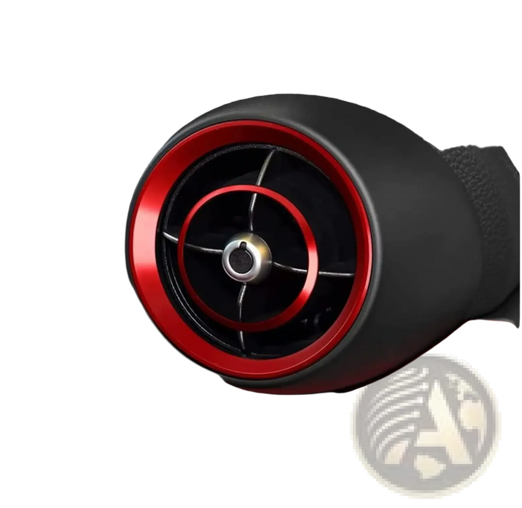 Alfa romeo giulia stelvio red air vent trim rings in metallic red with sleek circular design and black interior accents
