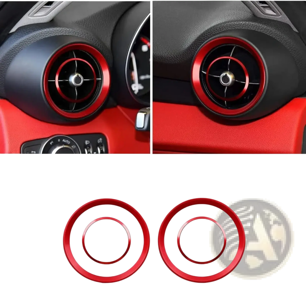 Red metallic air vent trim rings made of aluminum for Alfa Romeo Giulia Stelvio car interior enhancement