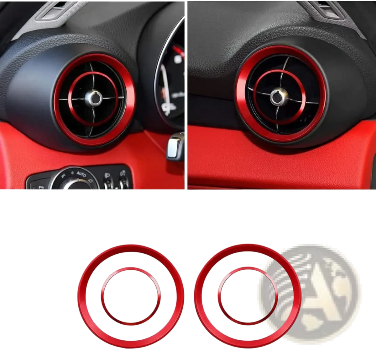Red metallic air vent trim rings made of aluminum for Alfa Romeo Giulia Stelvio car interior enhancement