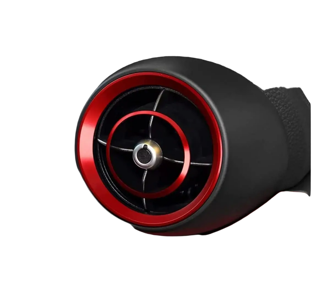 Alfa romeo giulia stelvio red air vent trim rings in metallic red with sleek circular design and black interior accents