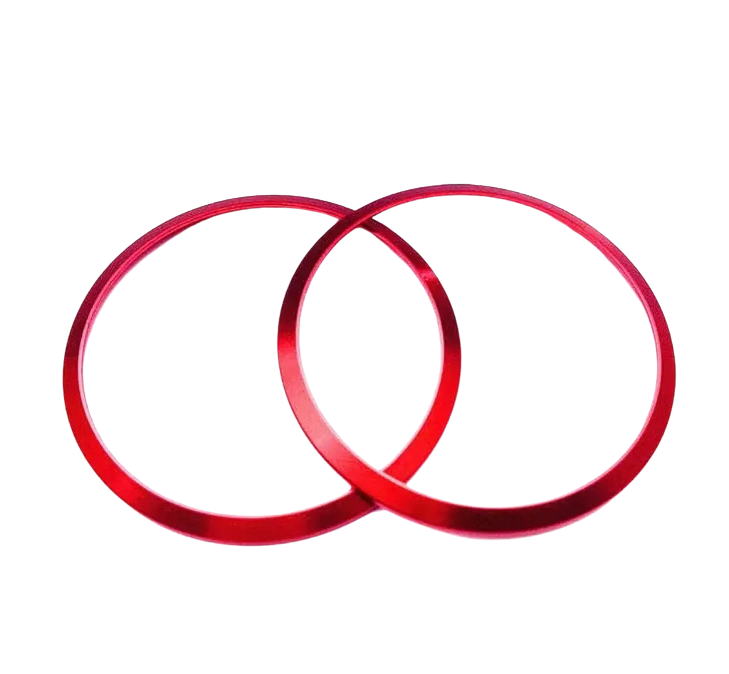 Two vibrant red metallic circular rings with polished finish for Alfa Romeo Giulia Stelvio air vent trim