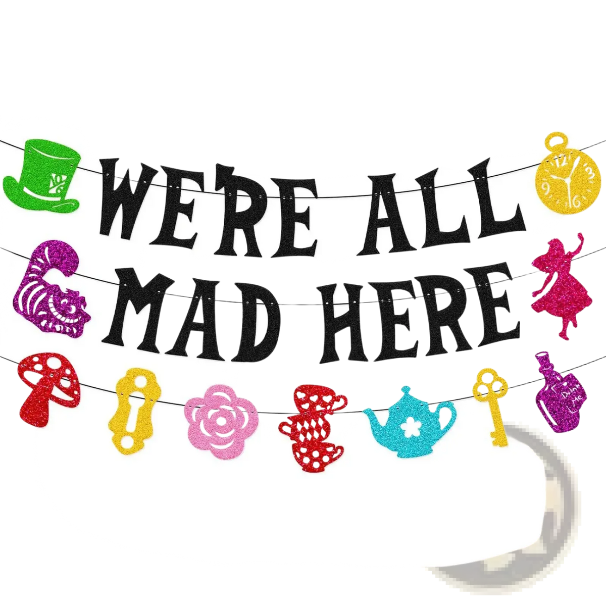 Alice in wonderland birthday banner with glittery were all mad here text and colorful character cutouts for party decor