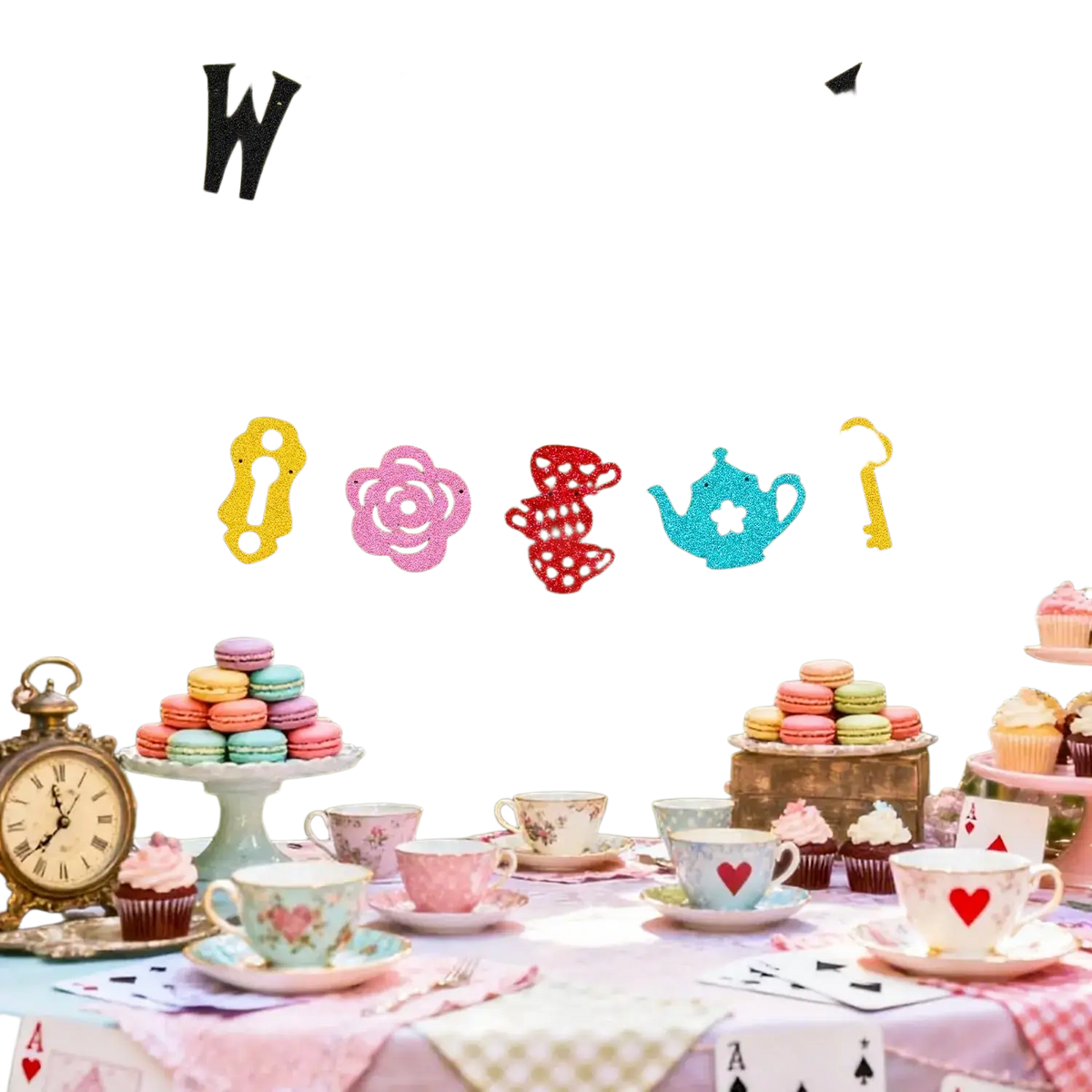 Alice in Wonderland birthday banner featuring glittery we’re all mad here text with colorful top hat mushrooms keys roses and teapots