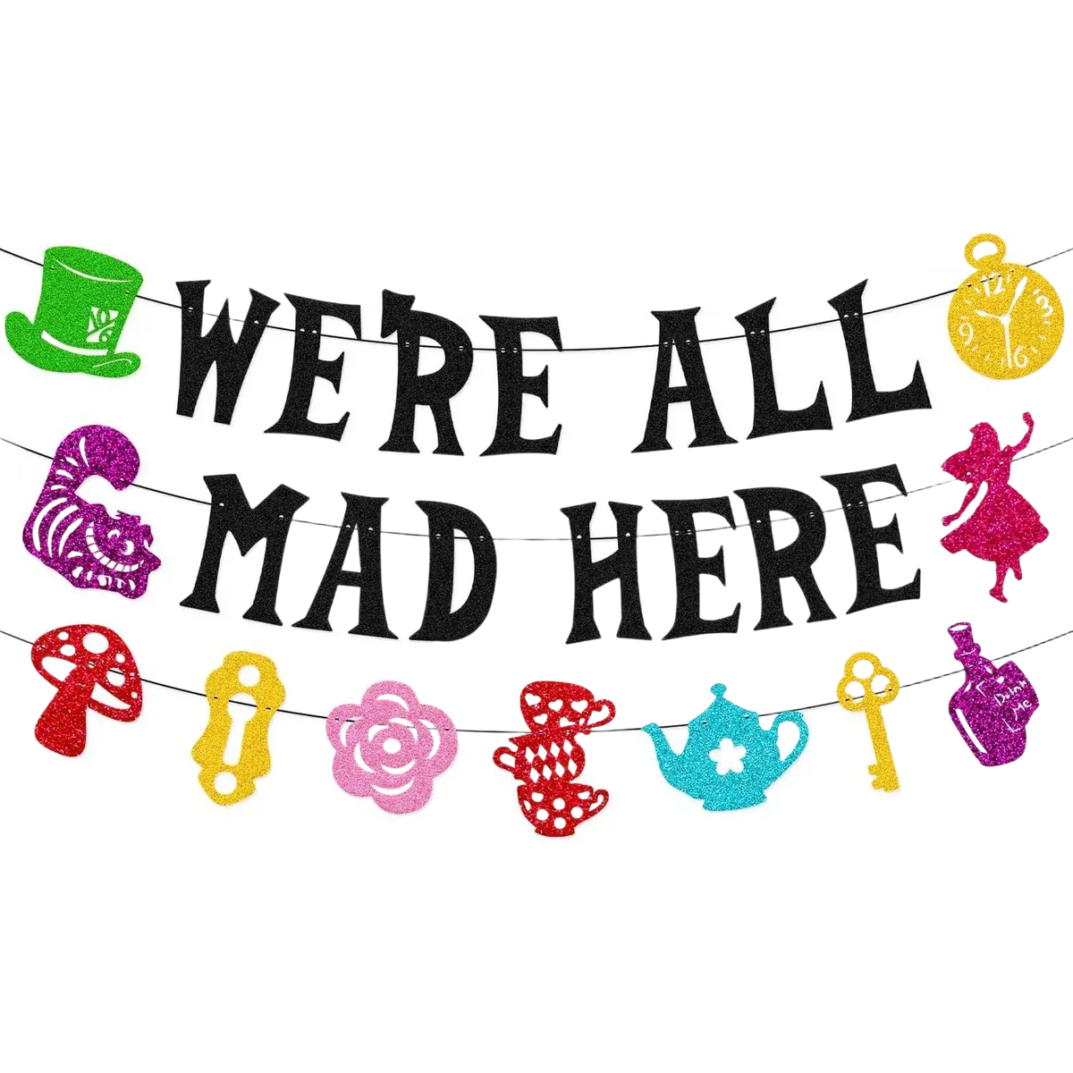 Alice in wonderland birthday banner with glittery were all mad here text and colorful character cutouts for party decor