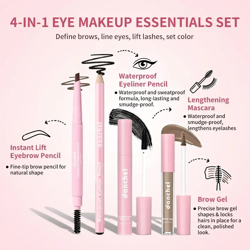 Pink cylindrical all-in-one complete makeup set with waterproof eyeliner, eyebrow pencil, mascara, and brow gel travel kit