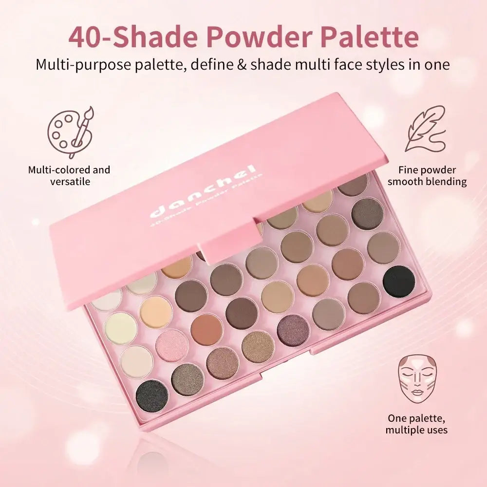 Pink danchel 40-shade powder palette featuring multi-colored eyeshadows and blushes in an all-in-one complete makeup set