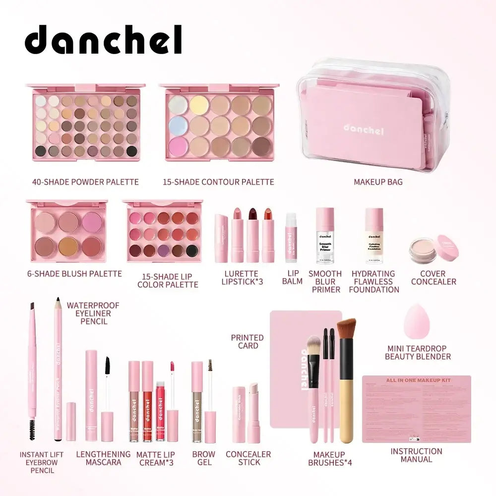 Pink danchel all-in-one complete makeup set featuring palettes lipsticks brushes and foundation in a travel kit