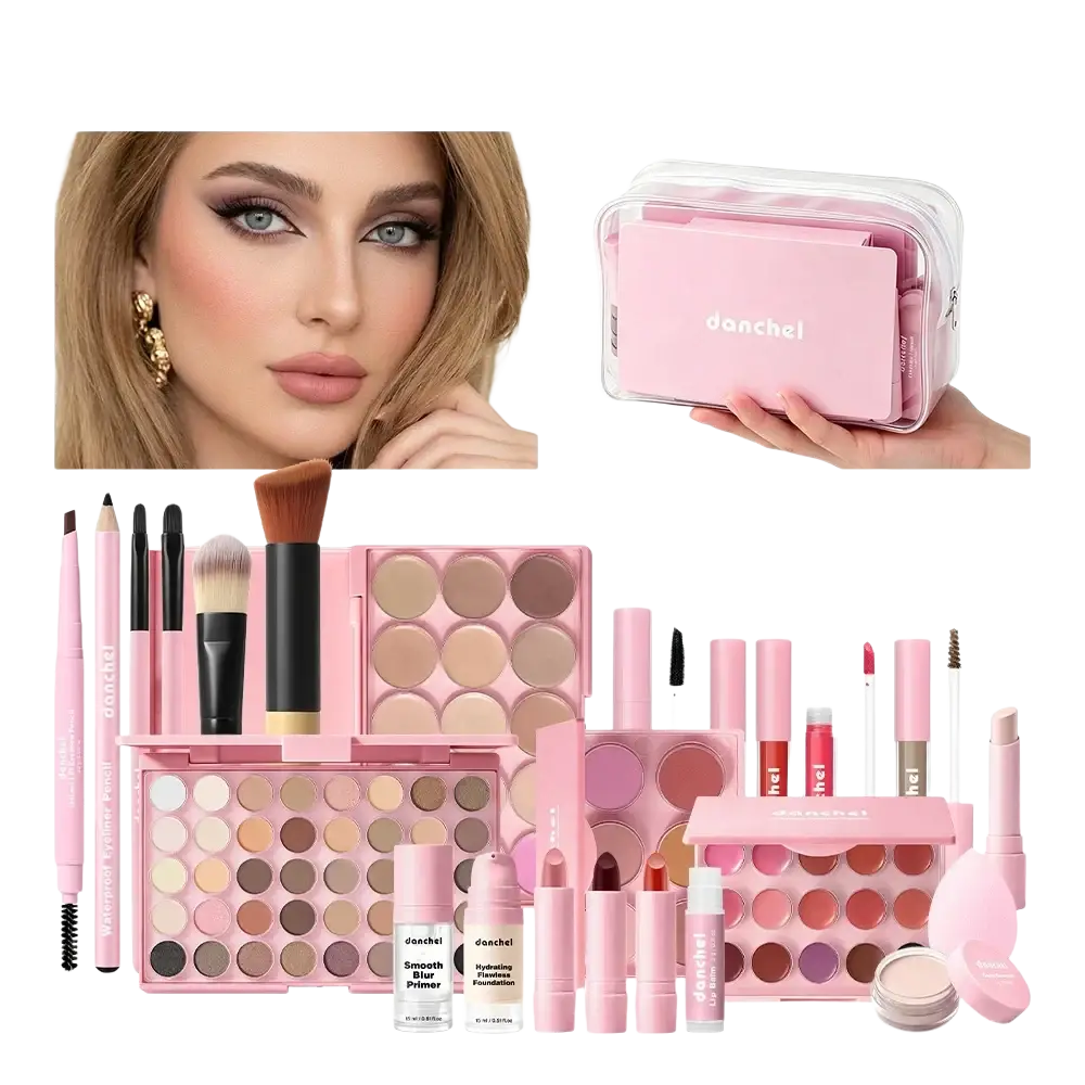 Pink danchel all-in-one complete makeup set in clear plastic case with matching pink accessories for travel use