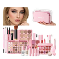 Pink danchel all-in-one complete makeup set in clear plastic case with matching pink accessories for travel use