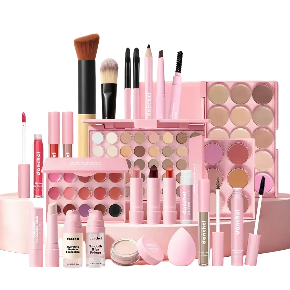 Pink danchel all-in-one complete makeup set featuring brushes lipsticks eyeliners and palettes in matching pastel tones