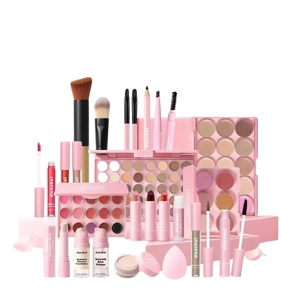 Pink donchel all-in-one complete makeup set featuring palettes brushes lipsticks and primers in a travel kit