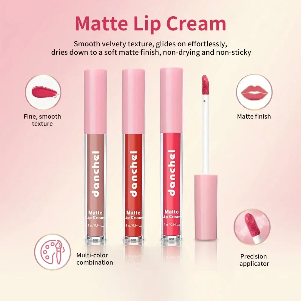 Pink-tinted matte lip cream tubes with clear glass and silver danchel branding in all-in-one complete makeup set