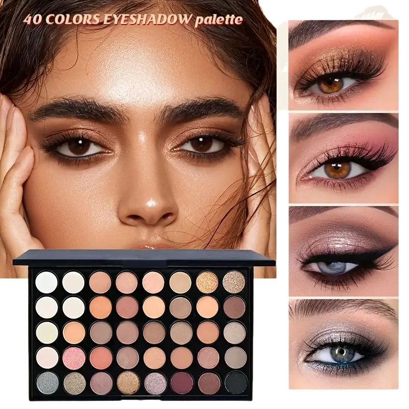 All-in-one makeup set featuring a 40-color eyeshadow palette with a sleek black case and shimmering, neutral, and bold shades