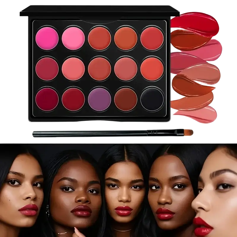 Black rectangular makeup set featuring a vibrant lip palette with 15 red pink and nude shades and a matching brush