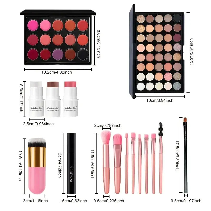 Professional makeup set featuring lip palette, two eyeshadow palettes, makeup brushes, mascara, and stick blushes in pink and gold