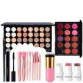 Festive all-in-one makeup set with 48-pan eyeshadow palette, lip palette, pink-handled makeup brushes, and blush sticks