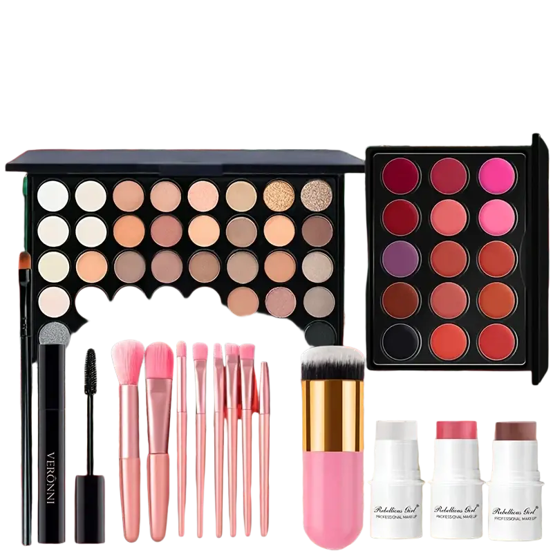 Festive all-in-one makeup set with 48-pan eyeshadow palette, lip palette, pink-handled makeup brushes, and blush sticks