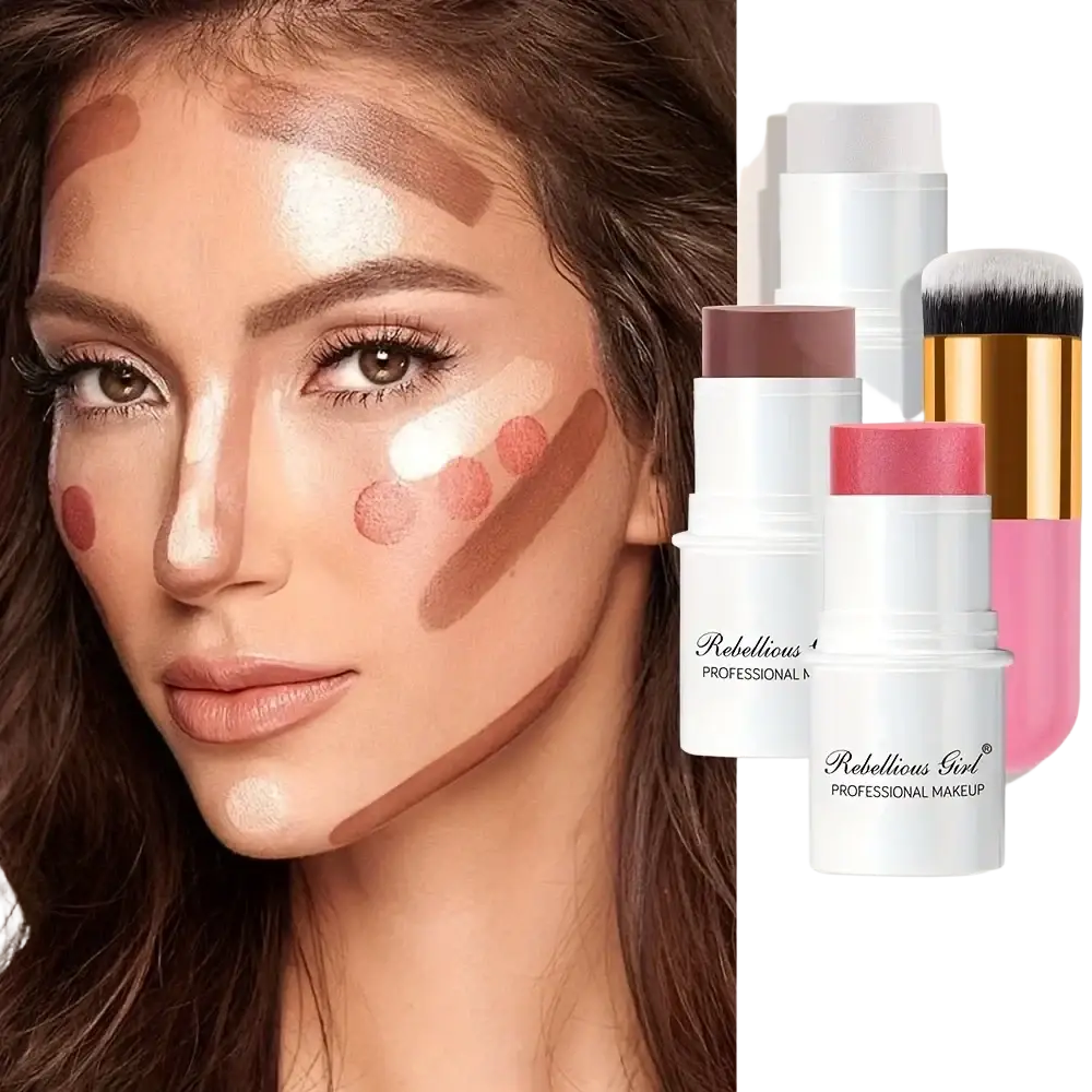 Rebellious girl professional makeup contouring stick in white packaging with pink and brown shades in all-in-one makeup set
