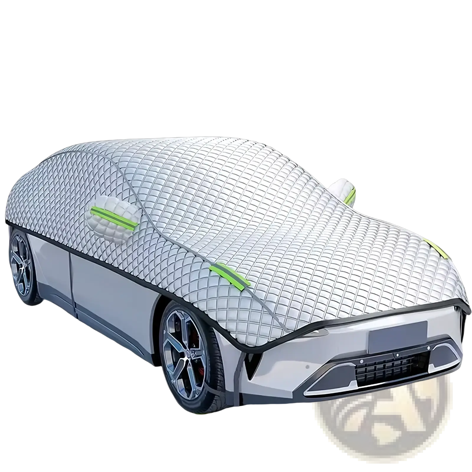Silver quilted all-season waterproof car windshield sunshade cover with green trim and black edge detailing