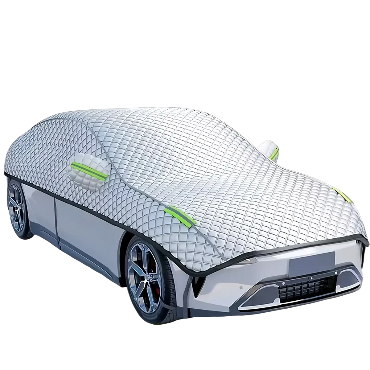 Silver quilted all-season waterproof car windshield sunshade cover with green trim and black edge detailing