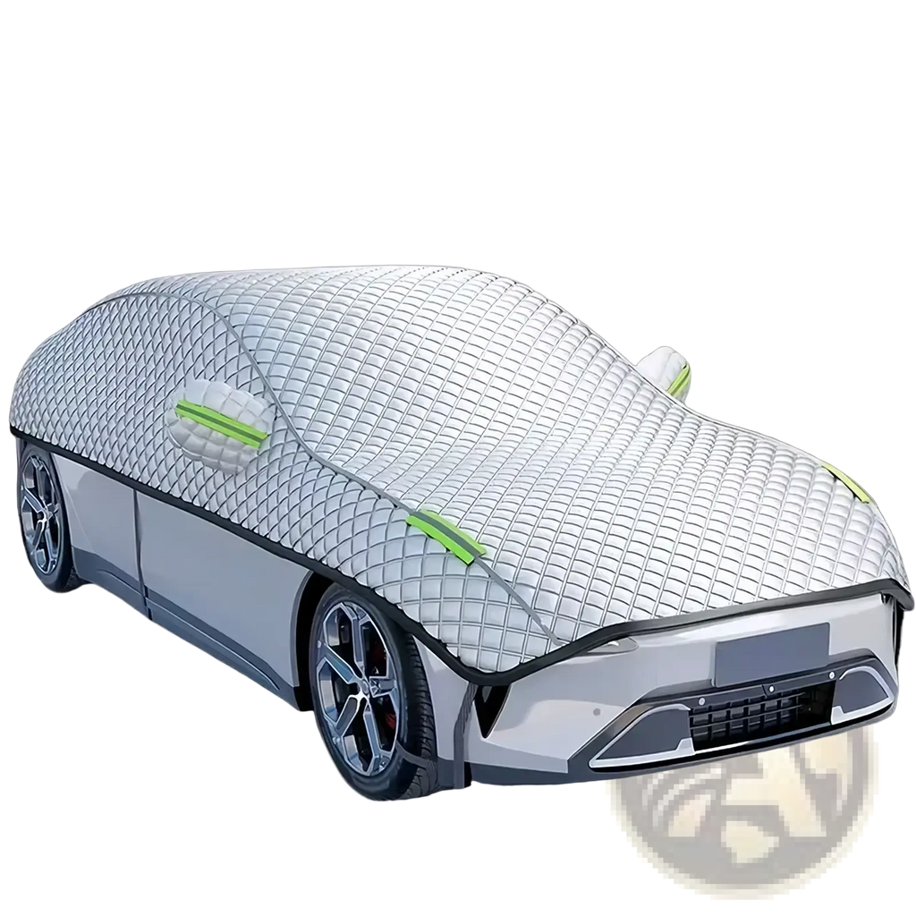Silver quilted all-season waterproof car windshield sunshade cover with green trim and black edge detailing