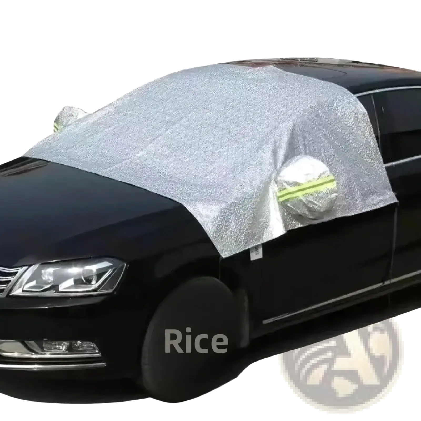Silver reflective all-season waterproof car windshield sunshade cover with circular cutout for side mirror use