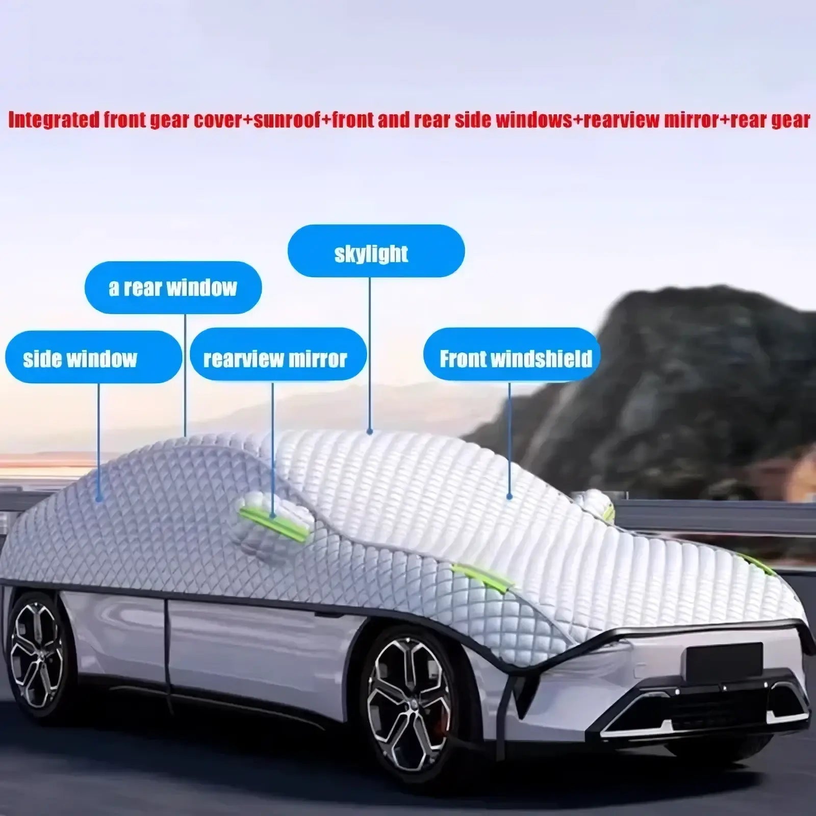 White quilted waterproof all-season car windshield sunshade cover with green trim protecting windows and roof