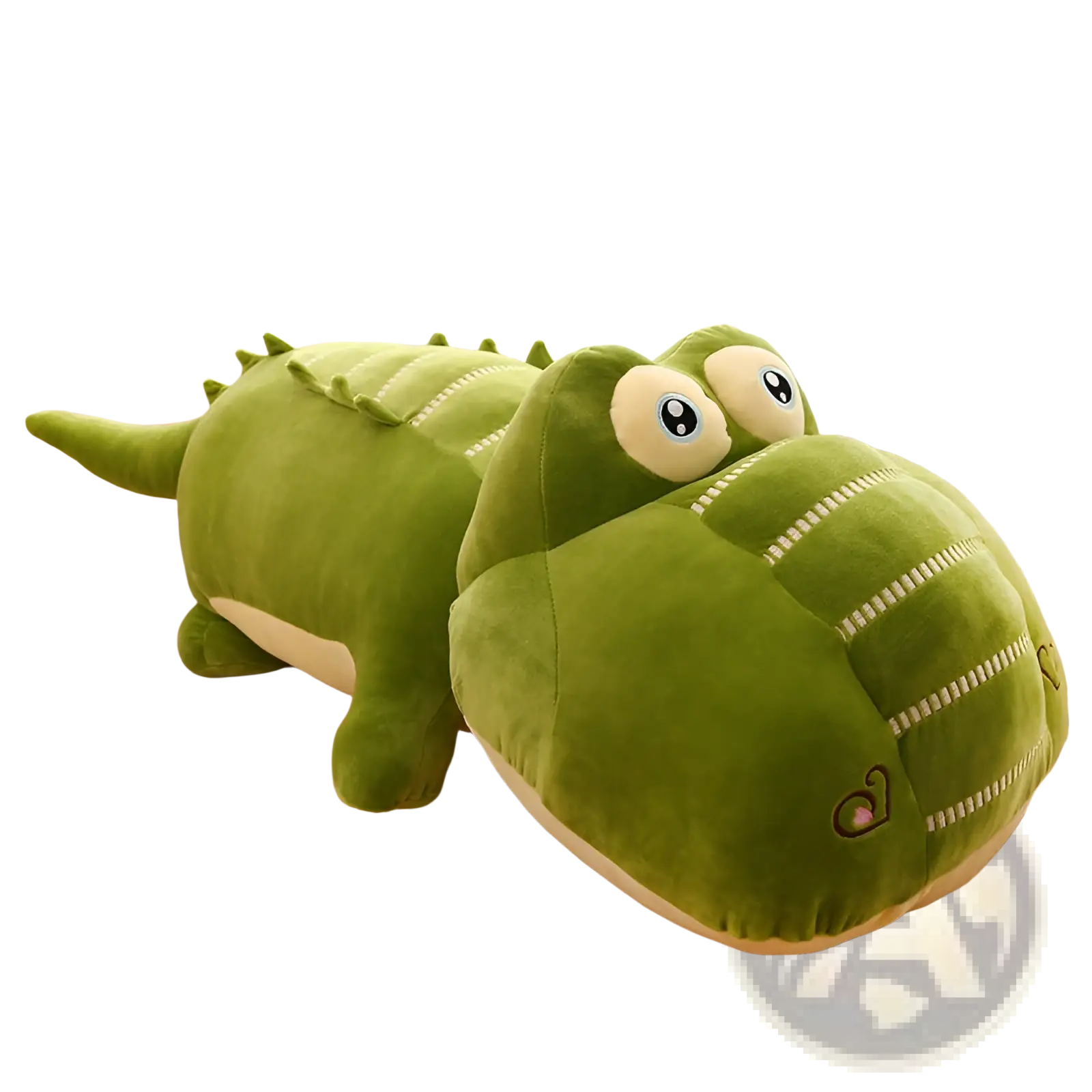 A plush green alligator soft crocodile sleep pillow with velour texture large yellow eyes and stitched smile