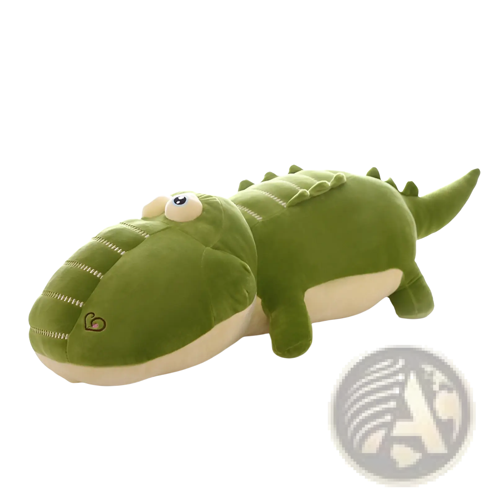A plush green alligator soft crocodile sleep pillow with a cream-colored underbelly and embroidered details