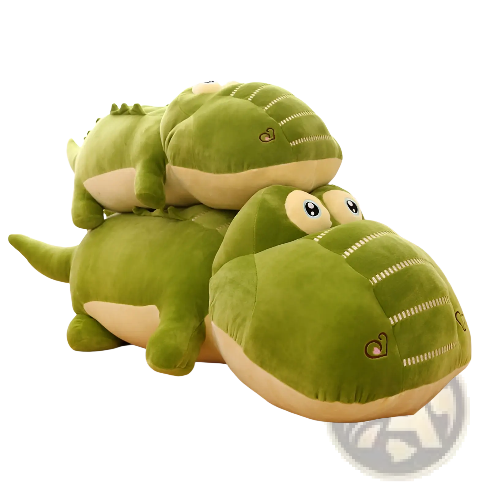 Soft green and cream plush alligator toy with embroidered eyes and heart details for use as a sleep pillow