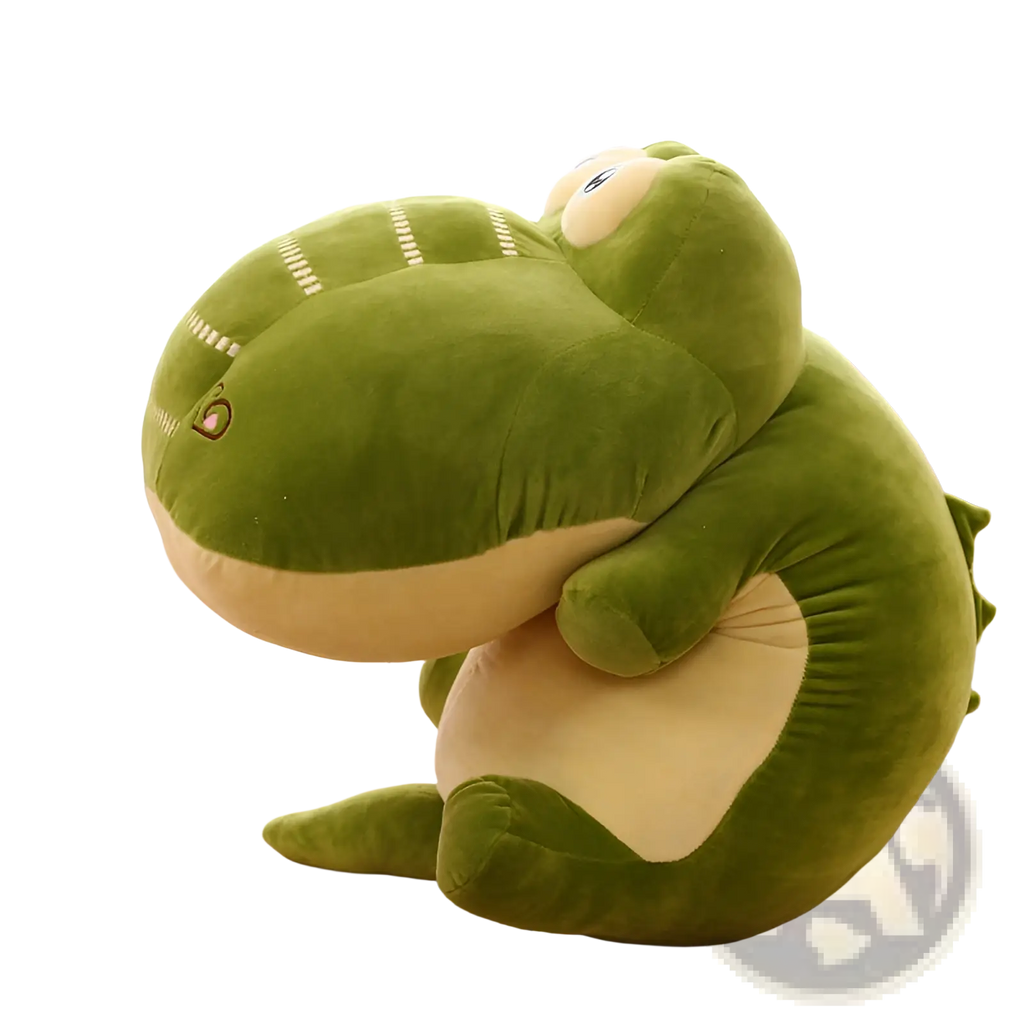 A plush green alligator soft crocodile sleep pillow with a velvety texture and cream-colored underbelly