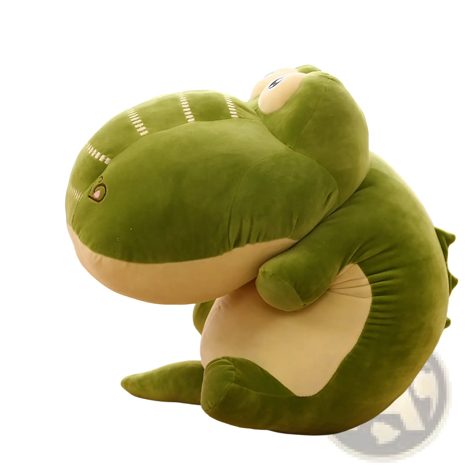 A plush green alligator soft crocodile sleep pillow with a velvety texture and cream-colored underbelly