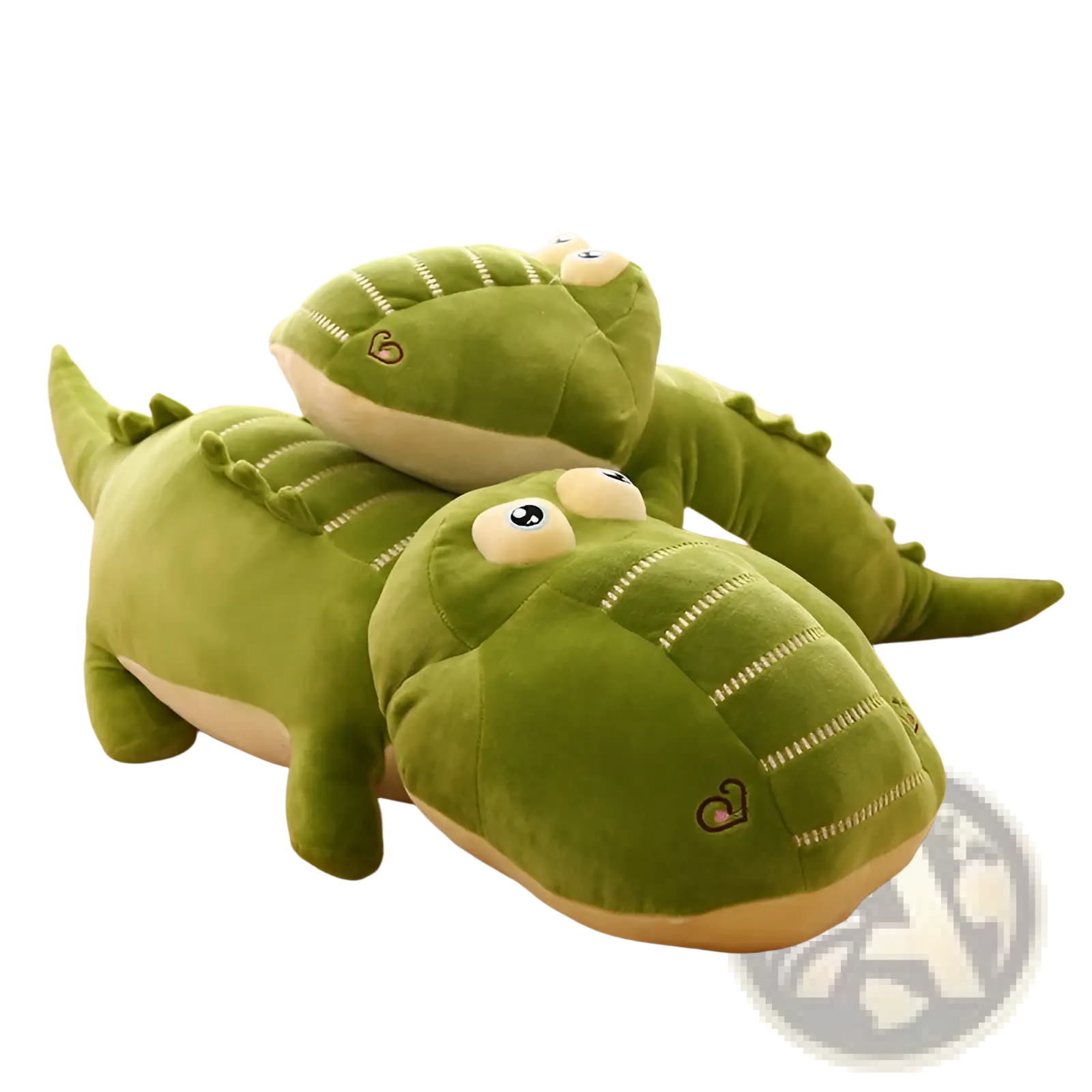 Soft green plush alligator toy with cream underbelly and embroidered hearts designed as a soft crocodile sleep pillow