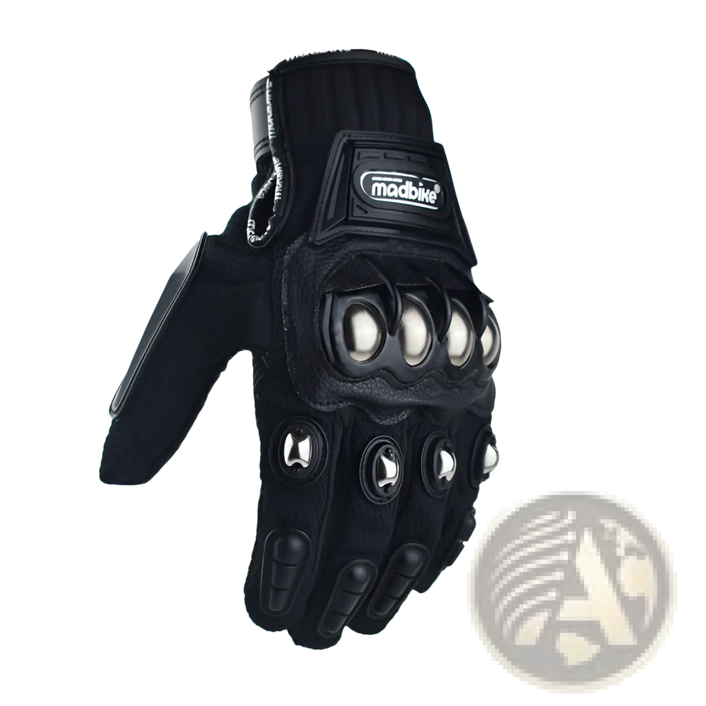 Black madbike alloy knuckle motorcycle glove showing back side with reinforced knuckle and finger protectors