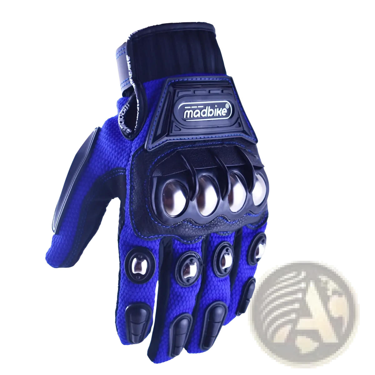 Back side of blue and black alloy knuckle motorcycle riding gloves with reinforced protection and metallic button accents