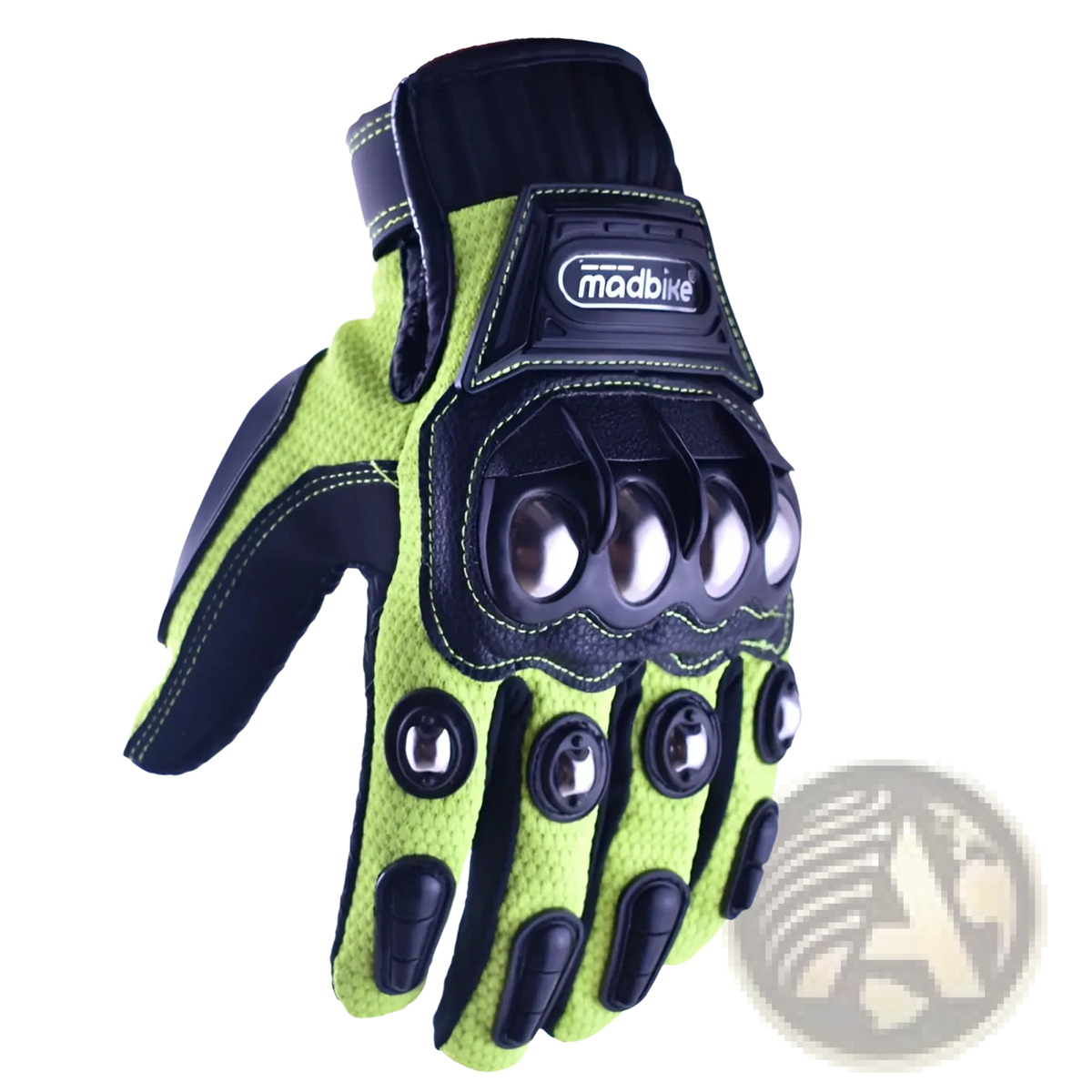 Bright lime green and black alloy knuckle motorcycle riding gloves unisex with reinforced padding on back side