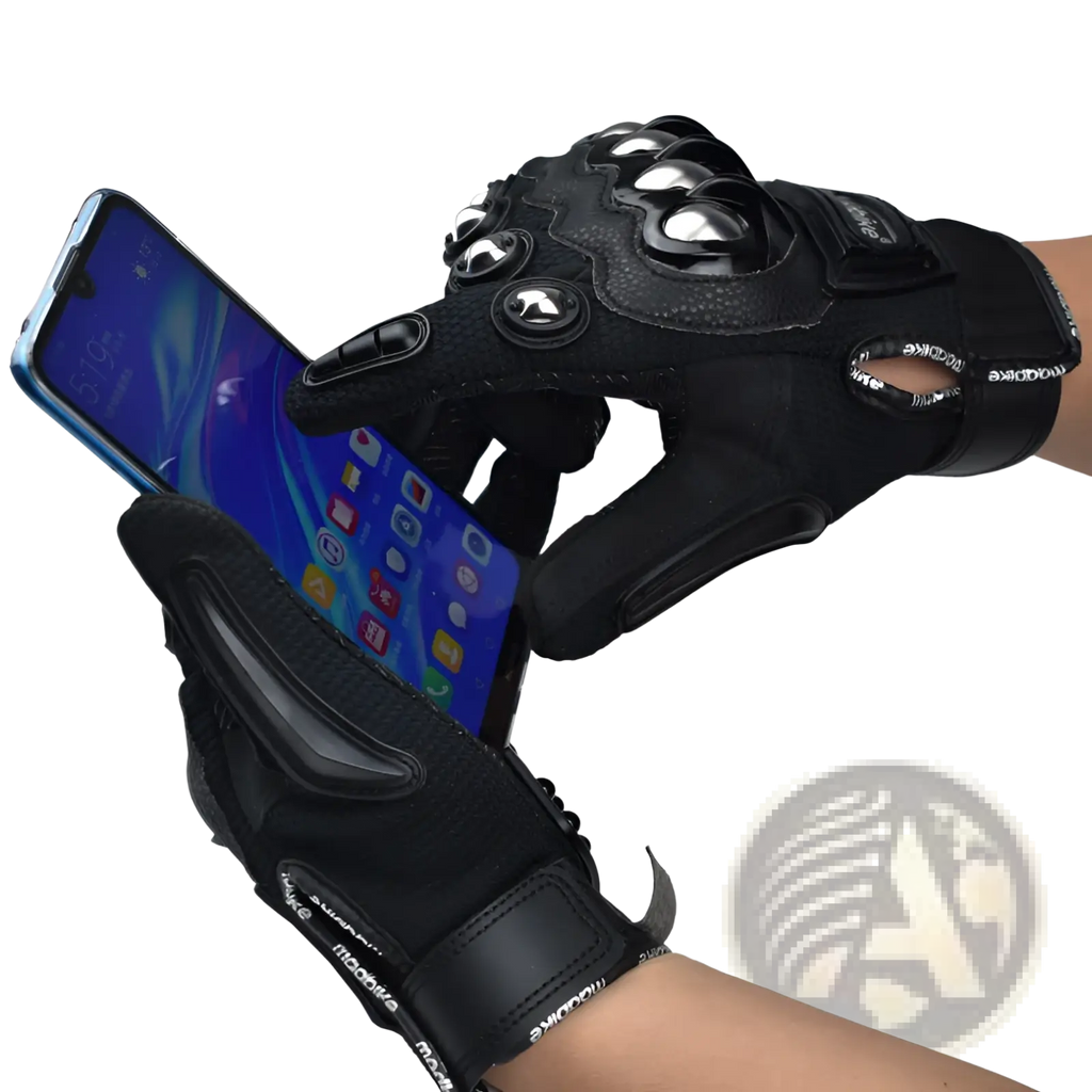 Black alloy knuckle motorcycle riding gloves with silver metal knuckle protectors and reinforced stitching back view