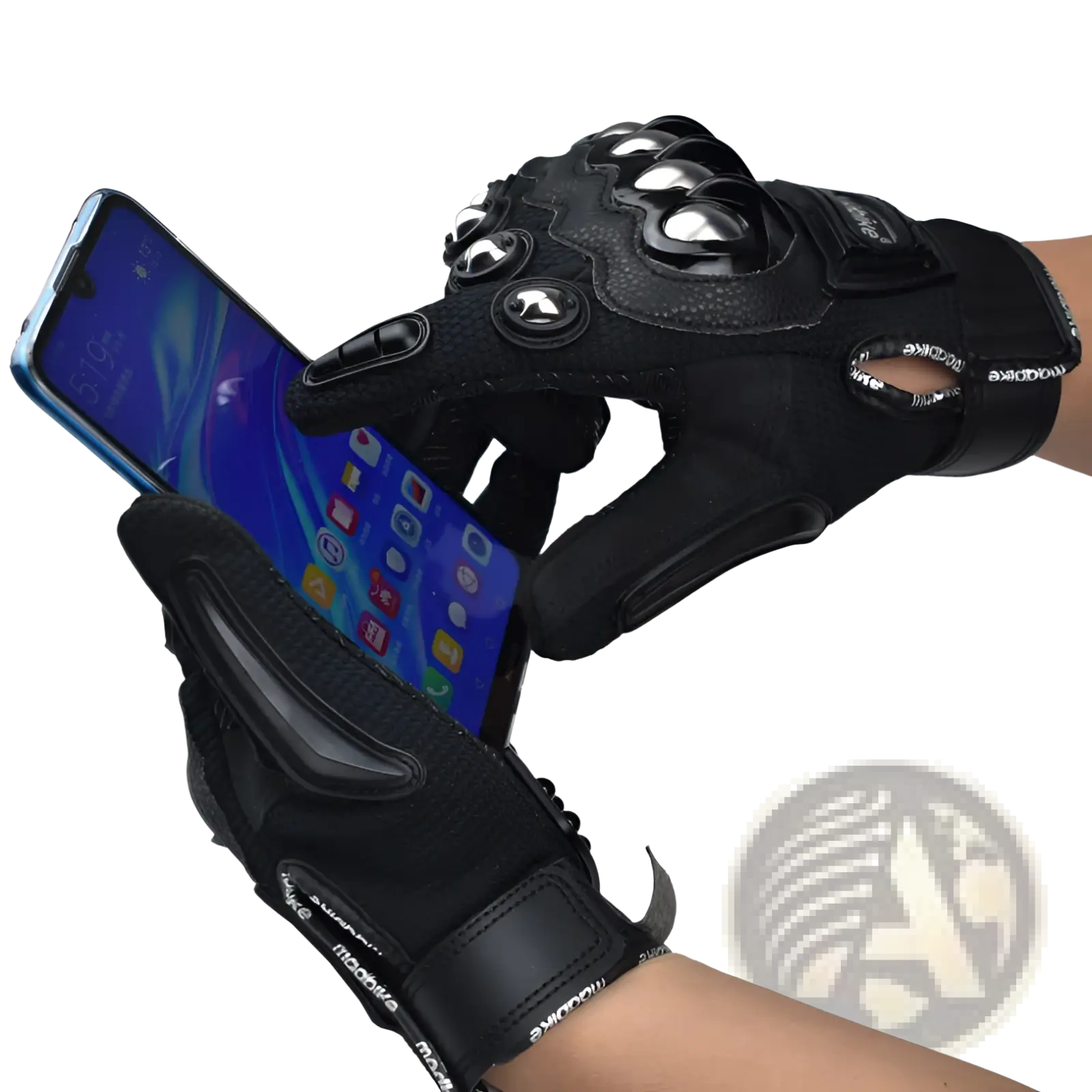 Black alloy knuckle motorcycle riding gloves with silver metal knuckle protectors and reinforced stitching back view