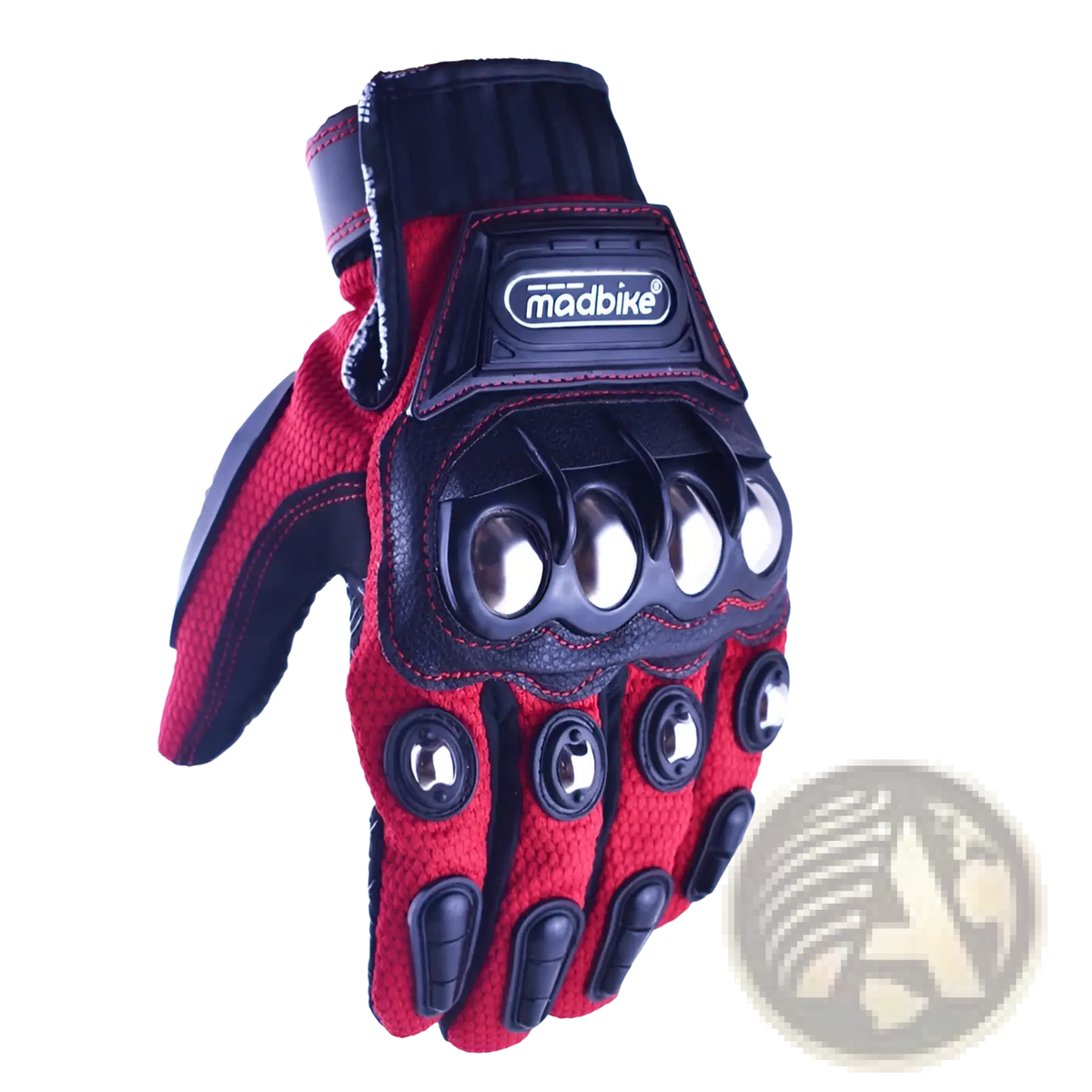 Back side of red and black alloy knuckle motorcycle riding glove with textured fabric reinforced padding and metallic knuckles