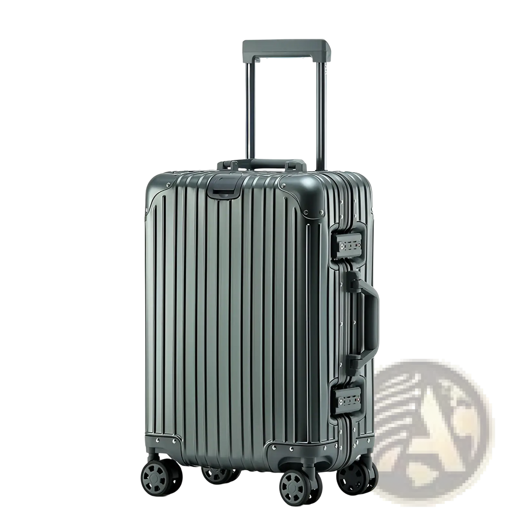 Dark gray ribbed aluminum spinner suitcase with telescoping handle and four wheels for business travel use