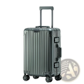 Dark gray ribbed aluminum spinner suitcase with telescoping handle and four wheels for business travel use