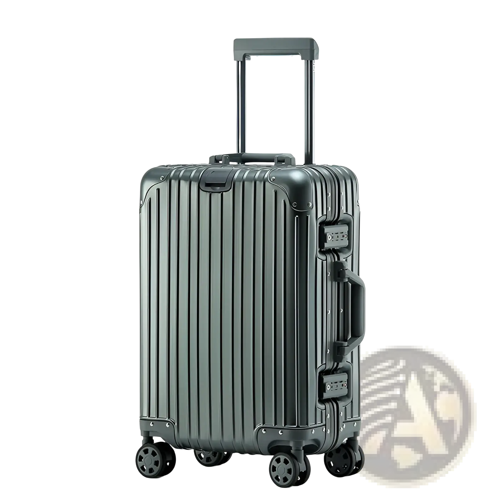 Dark gray ribbed aluminum spinner suitcase with telescoping handle and four wheels for business travel use