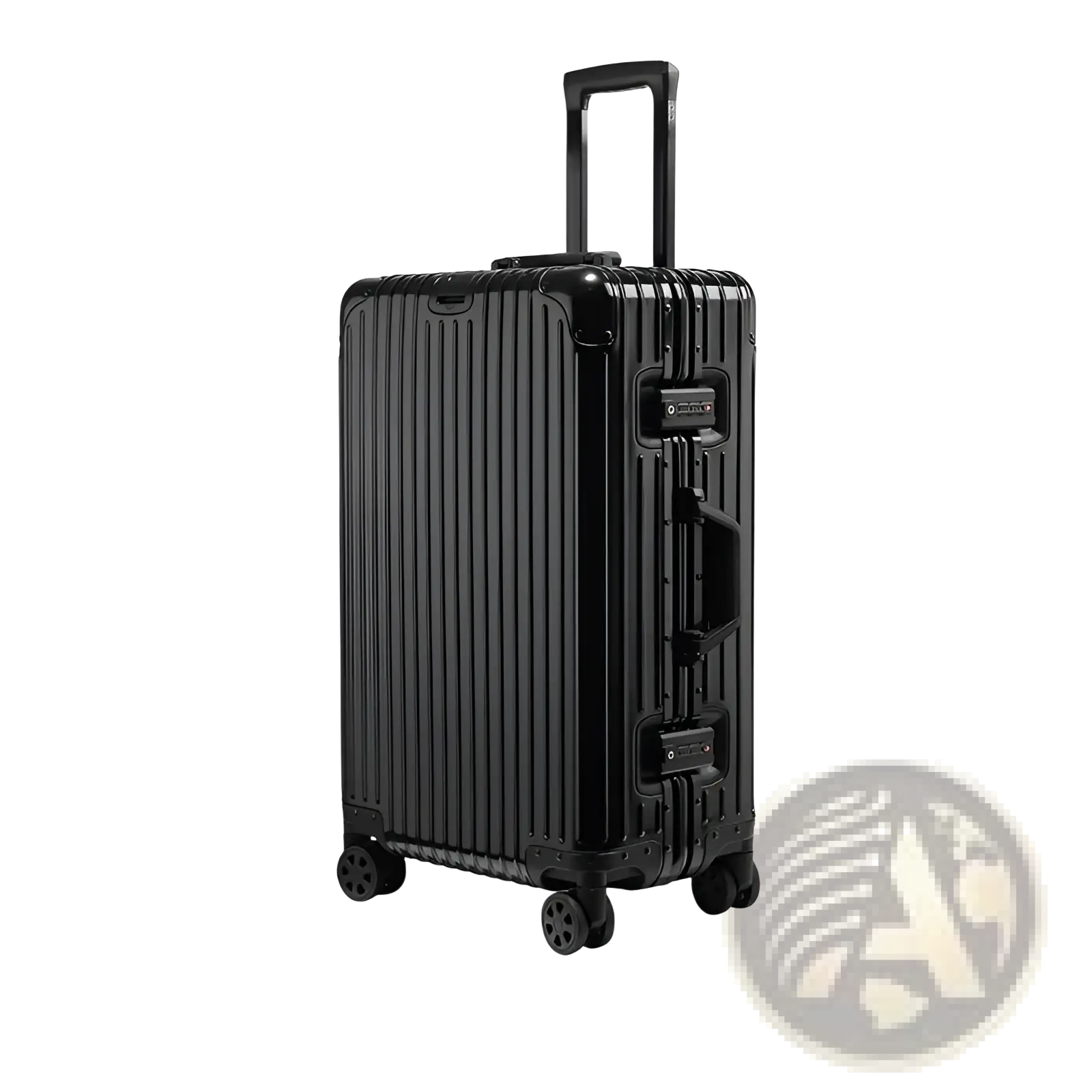 Black aluminum-magnesium alloy business travel suitcase with ribbed design and four wheels front view