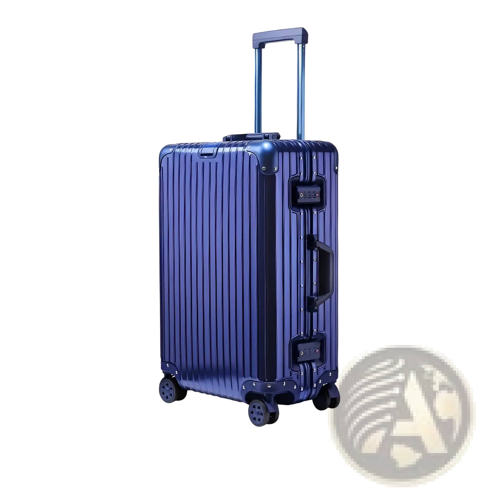 Blue aluminum-magnesium alloy business travel suitcase with vertical ridges and black spinner wheels