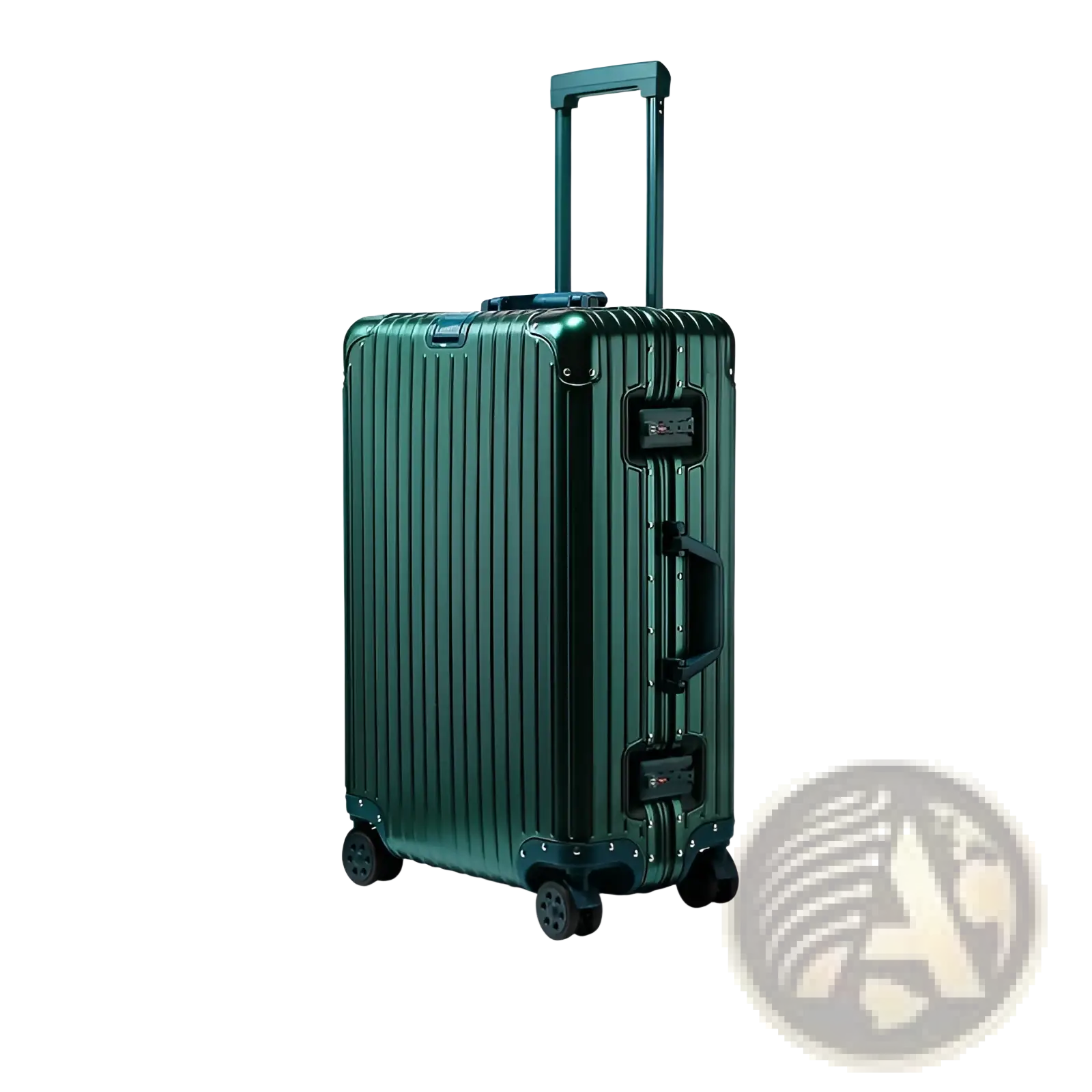Dark green aluminum magnesium alloy alloy luggage business travel spinner case with ribbed design and retractable handle